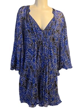 Diane von Furstenberg Blue Floral Silk Tunic Dress Flowy Boho Size 2